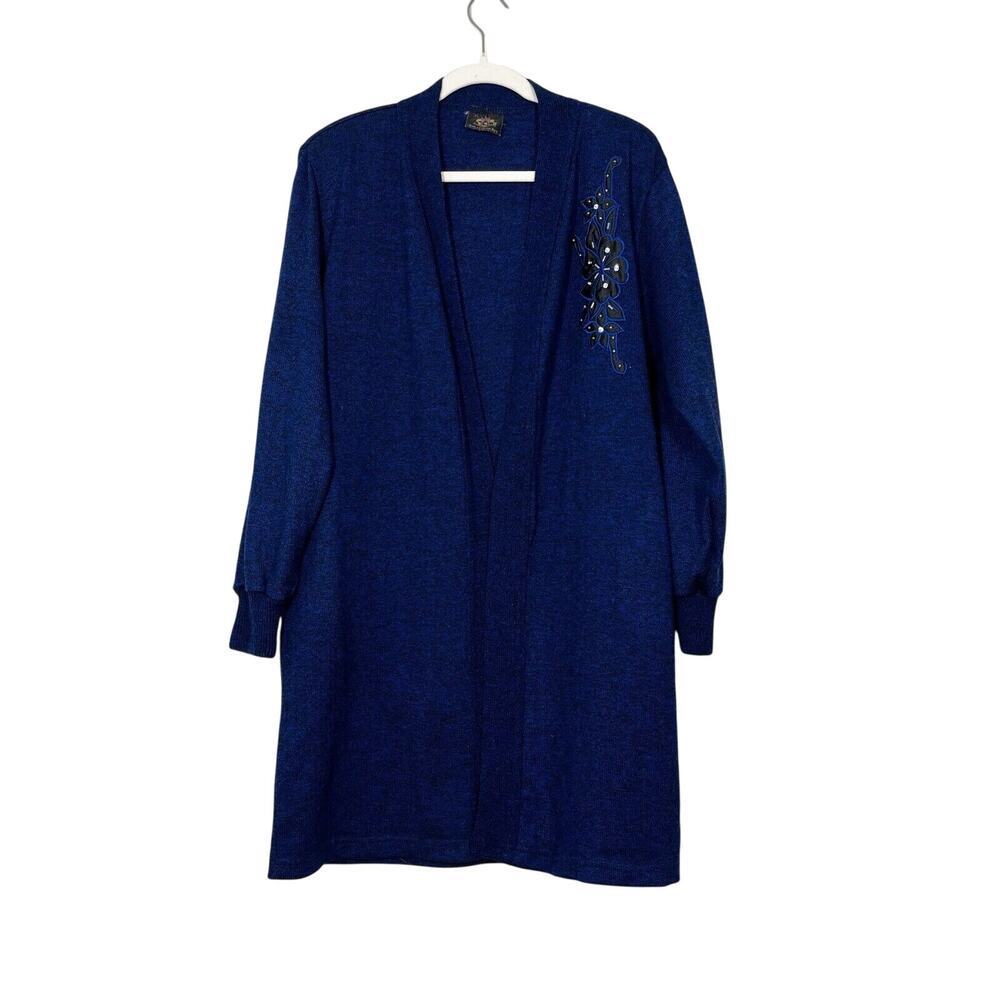 VINTAGE SAN MARCOS REY TURQUOISE‎ LONG SWEATER CARDIGAN SIZE XL FLORAL APPLIQUÉ